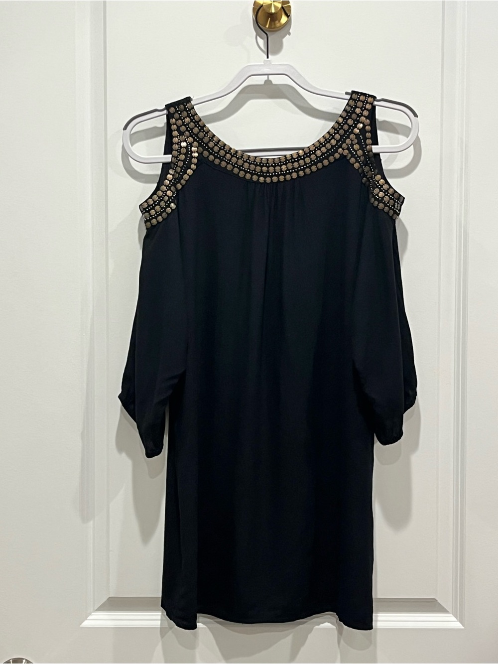 Angie Black Cold-Shoulder Tunic with Gold Beaded Neckline